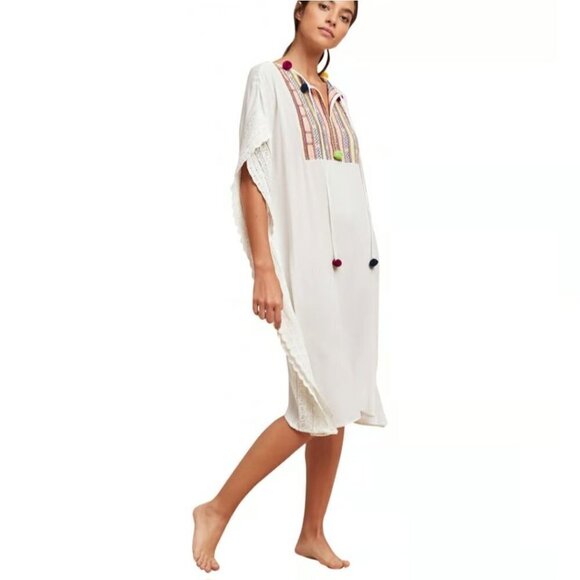 Anthropologie By Postmark Bilson Embroidered Ivory Caftan Midi Dress Size M/L - Picture 1 of 16